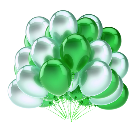 party balloons bunch white green colorful. birthday celebrate decoration glossy sumbol. 3d illustrationの写真素材