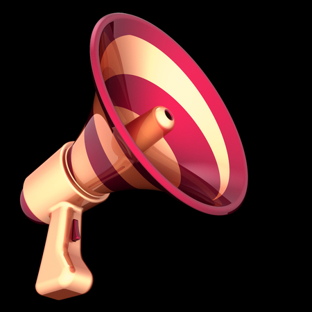 communication megaphone news blog loudspeaker bullhorn golden red stylish. message, announcement icon concept. 3d illustration, isolated on blackの写真素材
