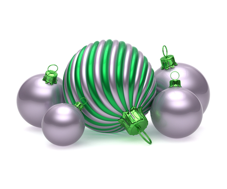 Christmas ball five decoration shiny silver green colors. New Years Eve baubles, wintertime decoration, hanging Merry Xmas adornment traditional symbol. 3d renderingの写真素材