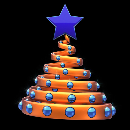 Xmas Christmas tree decoration spiral abstract golden blue sparkling balls and star. stylized New Year fir spring souvenir adornment wintertime symbol. 3d rendering, isolated on blackの写真素材