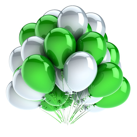 birthday balloons bunch white green. carnival, party decoration colorful. 3d rendering, isolatedの写真素材