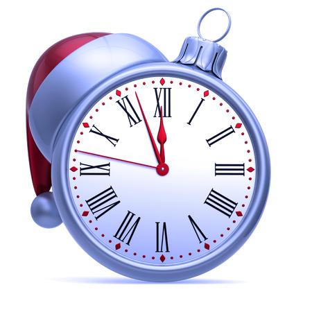 midnight hour clock face Christmas ball white silver red, New Year's Eve time, last minutes countdown, Santa hat decoration ornament adornment.の写真素材