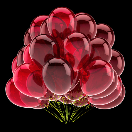 party birthday balloons bunch red glossy beautiful celebrate decoration. 3d rendering, isolated on blackの写真素材