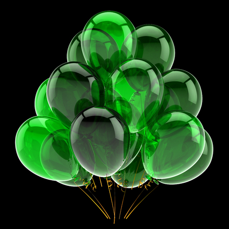 party balloon bunch classic green. birthday decoration glossy modern. helium balloons carnival colorful symbol. 3d illustration, isolated on blackの写真素材