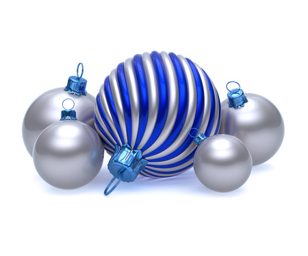 New Year's Day Christmas ball group decoration shiny silver white blue. Baubles wintertime hanging Merry Xmas adornment traditional decor. 3d renderingの写真素材