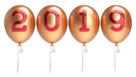 balloons 2019 New Years Eve four row arranged golden red glossy. Happy New Year celebrate Merry Christmas decoration modern. 3d illustrationの写真素材