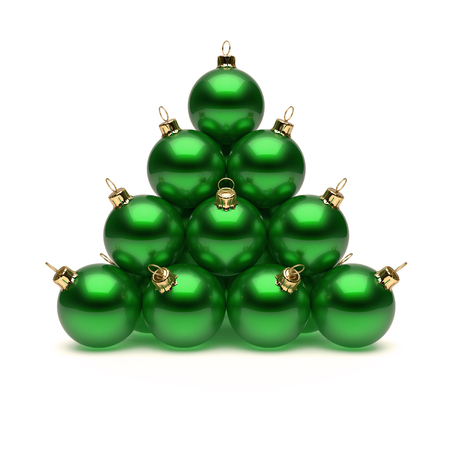 Pyramid of green Christmas balls shiny. New Year's Day baubles group beautiful decoration. Merry Xmas greeting card template. 3d illustrationの写真素材