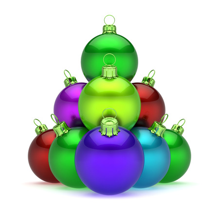 Christmas ball pyramid arranged shiny colorful. Happy New Year's Day baubles group decoration multicolor. Merry Xmas greeting card template. 3d rendering illustrationの写真素材
