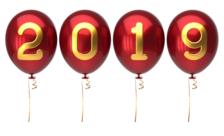 New Year's Day 2019 balloons red golden glossy numbers calendar date. Celebrate Merry Christmas decoration beautiful. 3d illustration isolatedの写真素材