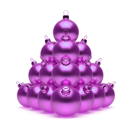 Pyramid Christmas ball purple violet shiny. New Year's Eve baubles group decoration. Merry Xmas greeting card template. 3d rendering illustrationの写真素材