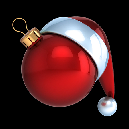 Christmas ball red Santa Claus hat decoration ornament funny blank sphere. New Year's Day Eve bauble. Merry Xmas icon concept. 3d illustration, isolated on blackの写真素材