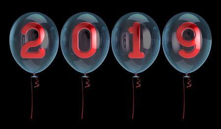 New Year 2019 party balloons white translucent red glossy numbers calendar date decoration. 3d illustration, isolated on blackの写真素材