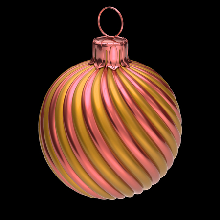 Christmas ball decor closeup modern striped golden pink. Happy New Year hanging adornment traditional decor, Merry Xmas ornament. 3d rendering, isolated on blackの写真素材