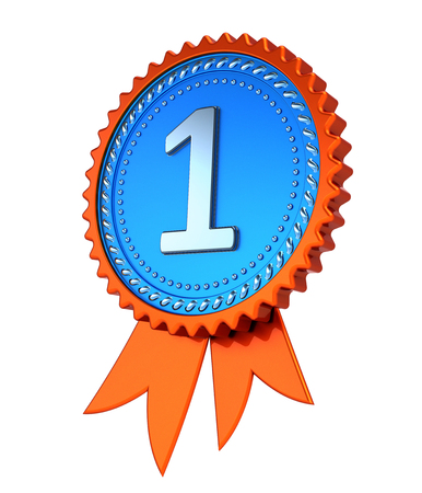 award ribbon number one 1 medal blue orange. 1st first place achievement success, champion winner reward symbol concept. 3d renderingの写真素材