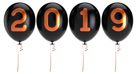 Party balloons New Year's Day 2019 black orange numbers glossy. Happy New Year Merry Christmas Xmas decoration. 3d illustration isolatedの写真素材