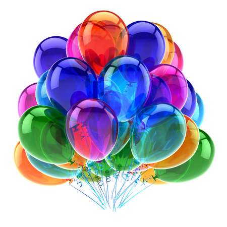 colorful party balloons birthday decoration multicolor. big helium balloon bunch glossy beautiful. holiday, anniversary, celebration greeting card. 3d illustrationの写真素材