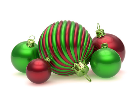 Xmas decoration Christmas balls green red ornate baubles. New Year's Eve wintertime decor hanging. Merry Xmas adornment traditional symbol. 3d illustrationの写真素材