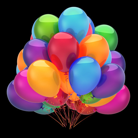 party balloons big bunch colorful. happy birthday decoration multicolored glossy. holiday carnival anniversary celebration joy symbol. 3d illustration. black backgroundの写真素材