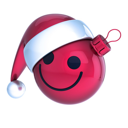 Emoticon Christmas ball smiling face red. New Year's Eve Day bauble Santa Claus hat cartoon decoration cute. Cheerful funny person laughing character adornment. 3d illustrationの写真素材