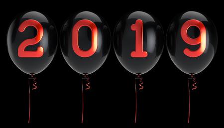 balloons 2019 New Year's Eve row arranged red black glossy. Happy New Year celebrate Merry Christmas decoration beautiful. 3d illustration. isolated on blackの写真素材