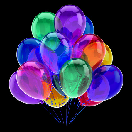 colorful birthday party balloon bunch. carnival decoration multicolor glossy. celebration greeting card design element. 3d illustration, isolated on blackの写真素材