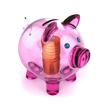 Piggybank purple translucent made of glass and golden coins inside. Piggy bank pension, earning, money donate, banking savings, finance profit concept. 3d illustrationの写真素材