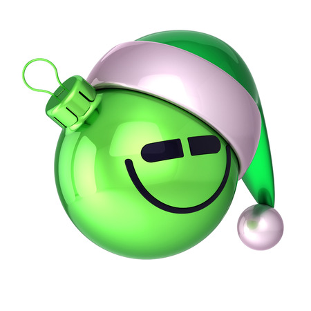 Emoticon Santa Claus Christmas ball hat smiling avatar decoration, cartoon ornament green funny. New Year's Eve Day bauble happy face. Merry Xmas emoticon. 3d illustrationの写真素材