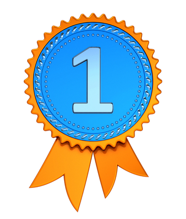 number 1 one medal blue orange. award ribbon 1st first place. achievement success, champion winner reward symbol concept. 3d renderingの写真素材
