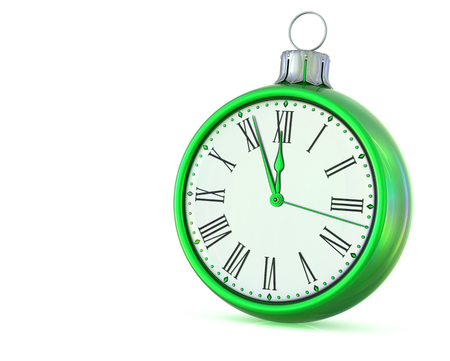New Year's Day midnight 12 clock last hour time countdown deadline. Green Christmas ball decoration ornament bauble. Happy wintertime holidays begin. 3d illustrationの写真素材