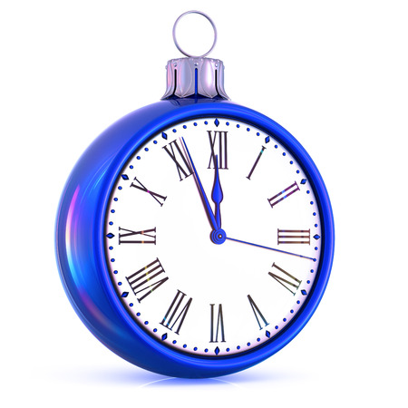 New Year 12 clock last hour midnight time countdown pressure. Christmas ball decoration ornament white blue adornment bauble. Happy wintertime holidays party beginning. 3d renderingの写真素材