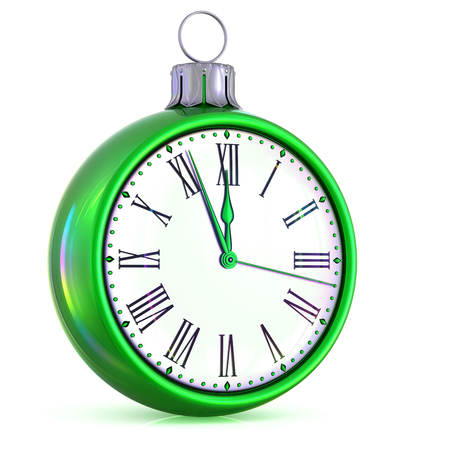 New Year's Day 12 clock face countdown Christmas ball midnight time pressure. Last hour decoration ornament adornment bauble green. Happy wintertime party beginning. 3d renderingの写真素材