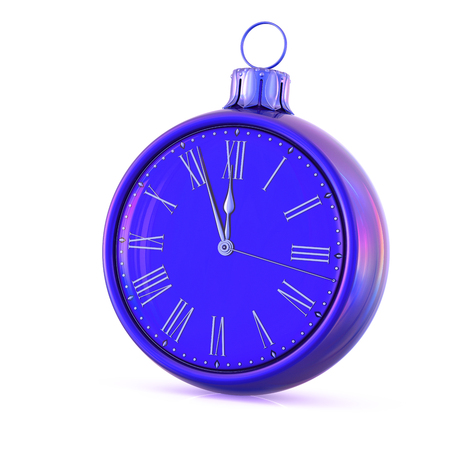 Clock Christmas ball blue New Year's Day midnight last hour countdown pressure. Decoration time ornament adornment bauble. Happy wintertime holidays begin. 3d renderingの写真素材