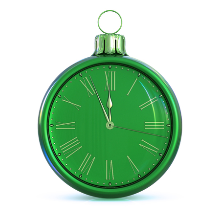 New Year's Day midnight Christmas ball green 12 clock face last hour countdown pressure. Decoration time ornament bauble concept. Happy wintertime holidays party beginning. 3d renderingの写真素材