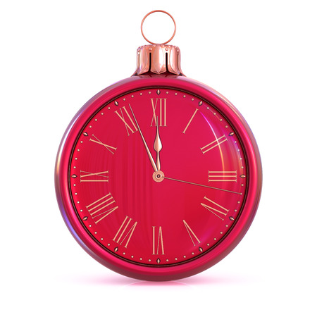 NEW YEAR TIME! Happy wintertime party holidays beginning. 12 clock midnight last hour countdown pressure. Christmas ball decoration ornament red gold bauble concept. 3d renderingの写真素材
