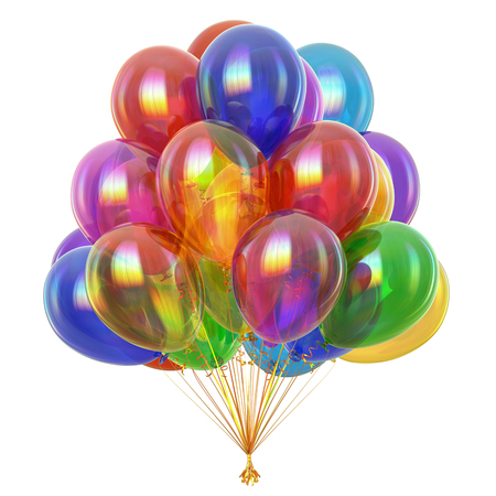 colorful party balloons bunch. festival, happy birthday decoration multicolored symbol. 3d rendering isolatedの写真素材