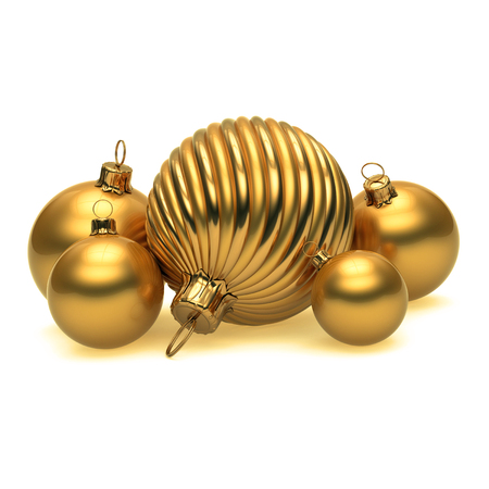 Golden Christmas balls Happy New Year decoration shiny yellow baubles, wintertime hanging Merry Xmas adornment traditional symbol. 3d illustrationの写真素材