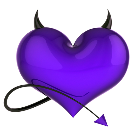 dangerous heart shape of devil purple with black horns and tail, fake love poison abstract. lover divorce lies concept. Valentine's Day greeting card design element. 3d illustrationの写真素材