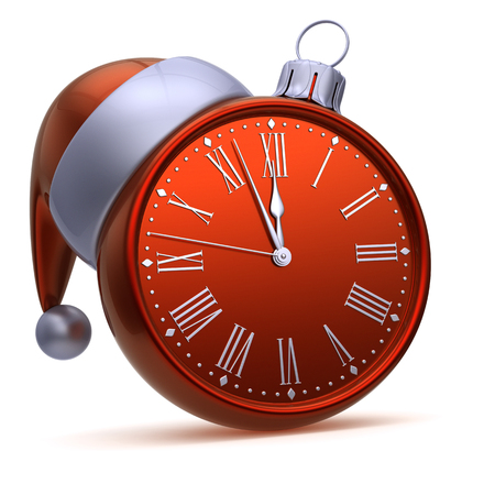 Clock face Christmas ball red silver. Midnight 12 hour New Year's Eve time, last minutes countdown, Santa hat decoration ornament adornment. 3d renderingの写真素材