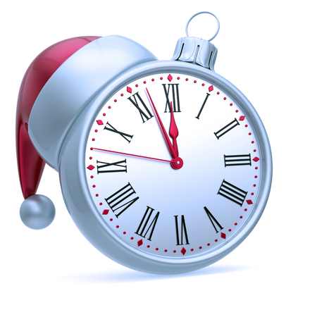 New Year 12 o'clock time midnight hour clock face Christmas ball white silver. Last minutes countdown, Santa hat decoration ornament. Traditional wintertime holidays ticktock symbol. 3d renderingの写真素材