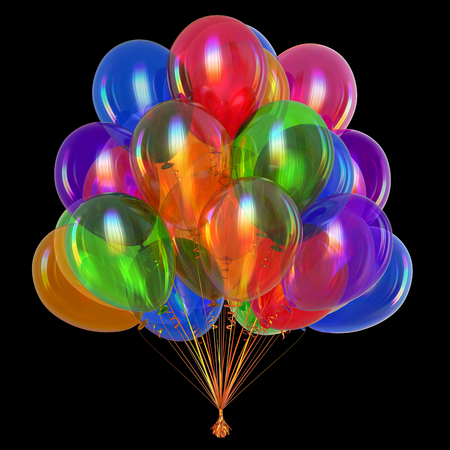 party balloons bunch colorful birthday carnival decoration multicolored. Happy New Year, Merry Christmas, Xmas greeting card design element. 3d illustration, isolated on blackの写真素材