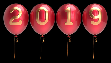 New 2019 Year's Day party balloon four arranged row. Happy New Year celebration symbol red golden. 3d illustration, isolated on blackの写真素材
