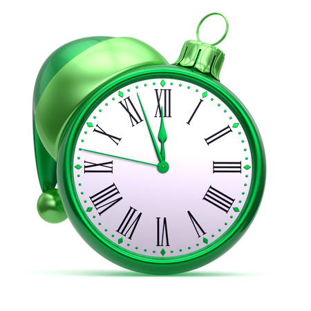 Midnight clock face Christmas ball green silver. 12 o'clock last hour New Year's Day time countdown Santa hat decoration ornament adornment. 3d illustrationの写真素材