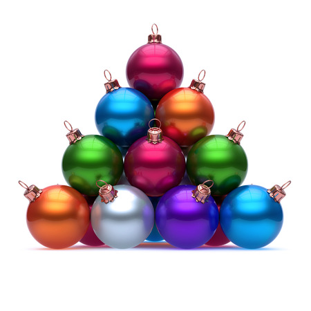 Pyramid of Christmas balls colorful red blue orange silver purple green. New Year's Eve baubles group decoration multicolor. Merry Xmas greeting card template. 3d renderingの写真素材