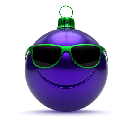 Funny Christmas ball face blue New Year's Eve bauble cartoon decoration cute sunglasses green. Merry Xmas cheerful boss person laughing character adornment. 3d illustrationの写真素材