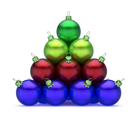 Merry Xmas Christmas ball pyramid arranged colorful green red blue. Happy New Year's Day baubles group decoration multicolored. 3d renderingの写真素材