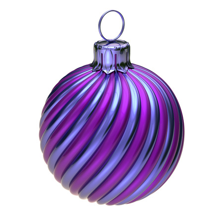 Purple blue Christmas ball decoration striped vintage. New Year's Eve hanging decor adornment traditional, Merry Xmas wintertime ornament. 3d illustrationの写真素材