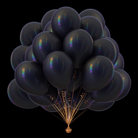 black party balloons bunch. birthday decoration dark beautiful. carnival celebration symbol. 3d illustration, isolated on black backgroundの写真素材