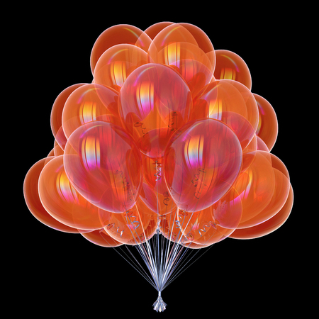 balloons party birthday symbol orange glossy. anniversary celebrate decoration. helium balloon bunch shiny. invitation greeting card design element. 3d illustration, isolated on blackの写真素材