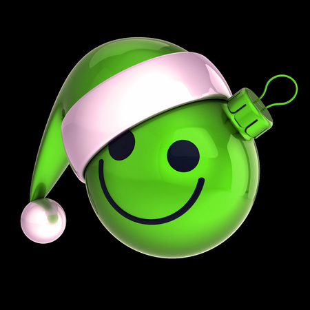 Green Christmas ball smiley face emoticon. New Year's Eve bauble Santa Claus hat cartoon decoration cute, cheerful funny character concept. 3d illustration, isolated on blackの写真素材