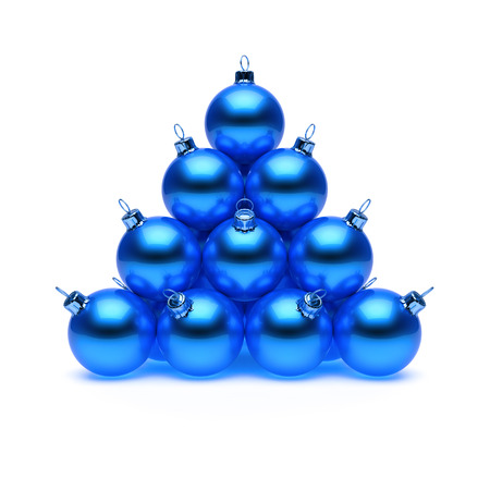 Blue Christmas balls pyramid shiny. Happy New Year baubles group triangle decoration. Merry Xmas greeting card design element. 3d illustrationの写真素材